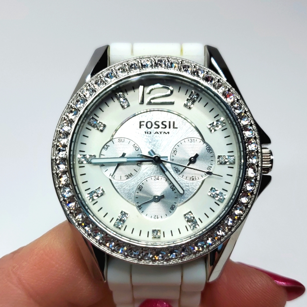 Fossil Watch ES2526 Silver white Silicone Wristband Crystal Bezel Multifunction - Picture 11 of 15